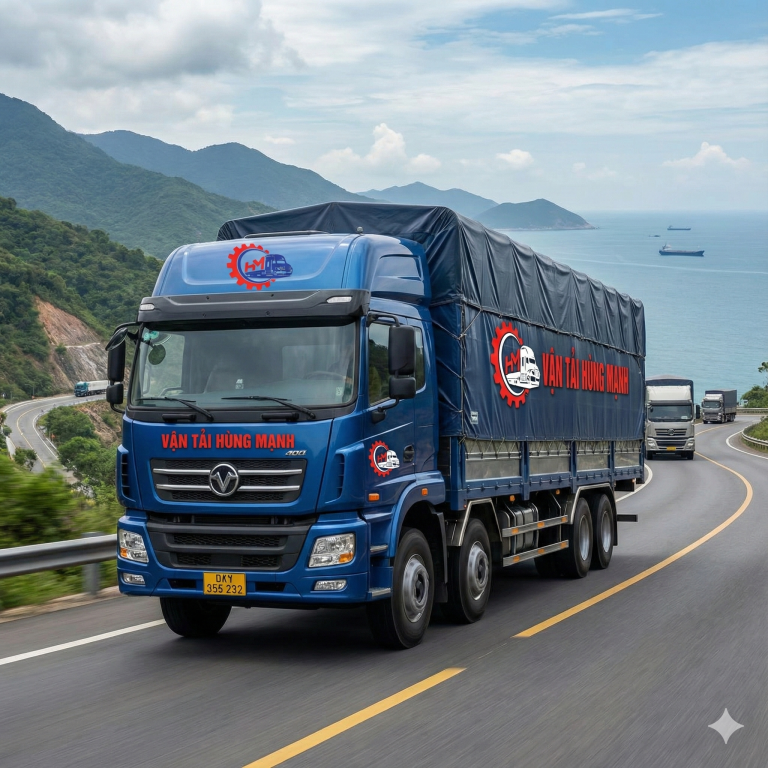 Xe tải thùng bạt trọng tải lớn của Vận Tải Hùng Mạnh đang vận chuyển hàng hóa trên tuyến đường Bắc Nam.